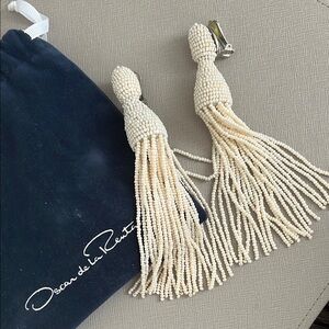 Oscar de la Renta Cream Beaded Tassel Earrings
